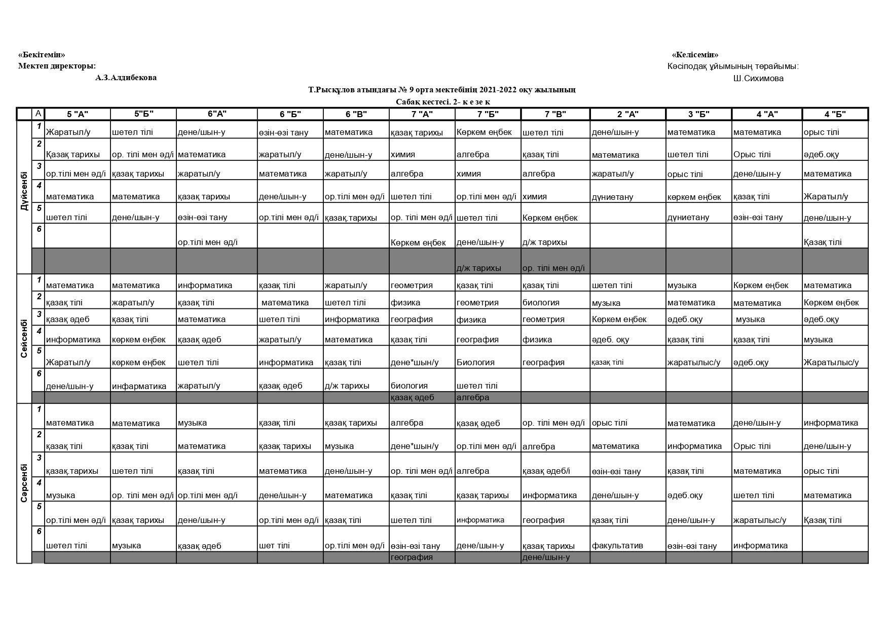 II  ауысым schedule of lessons   2021-2022