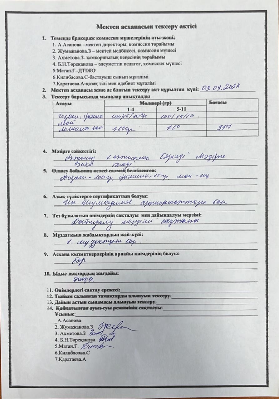 АКТ мектеп асханасын тексеру туралы