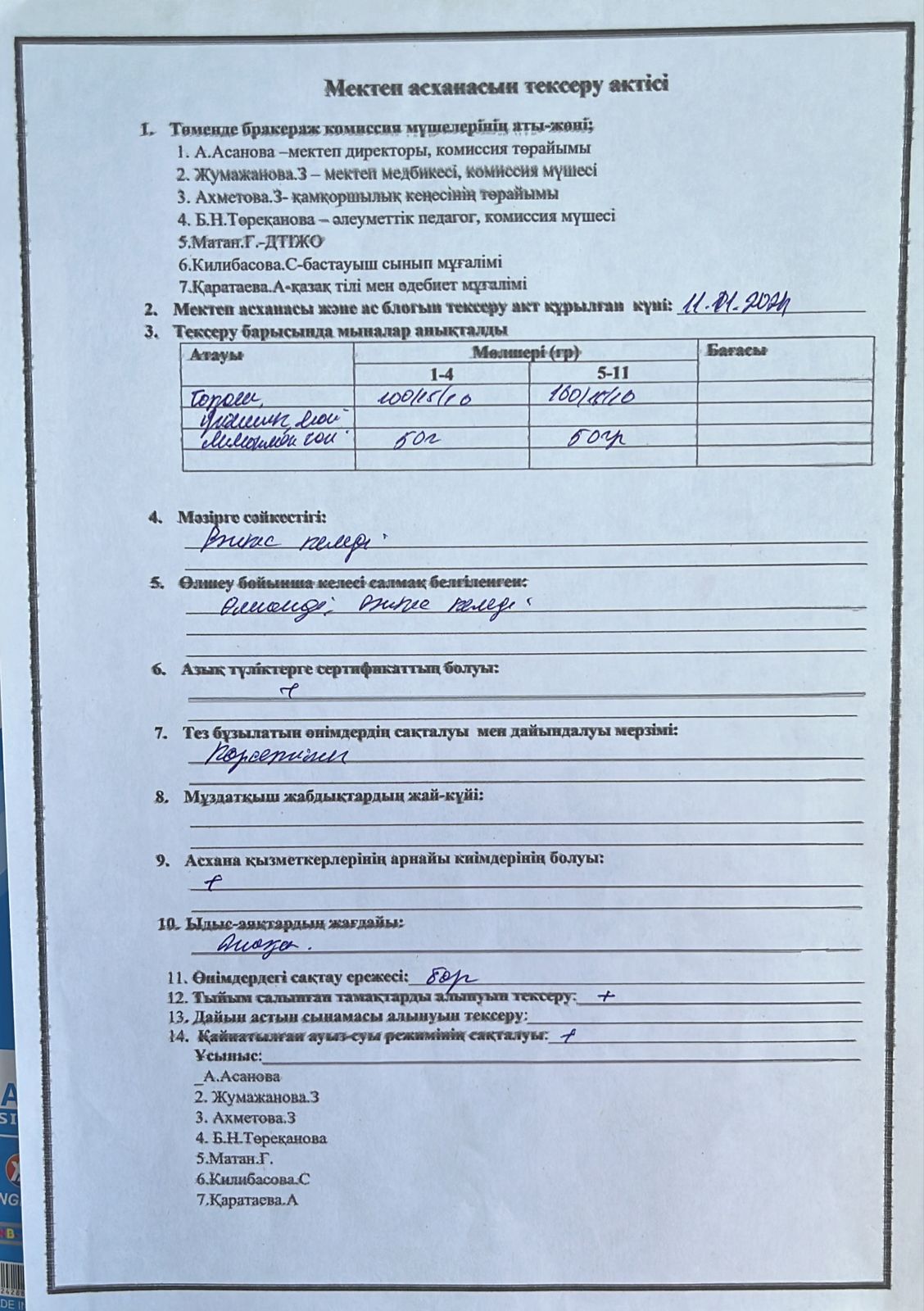 АКТ мектеп асханасын тексеру туралы