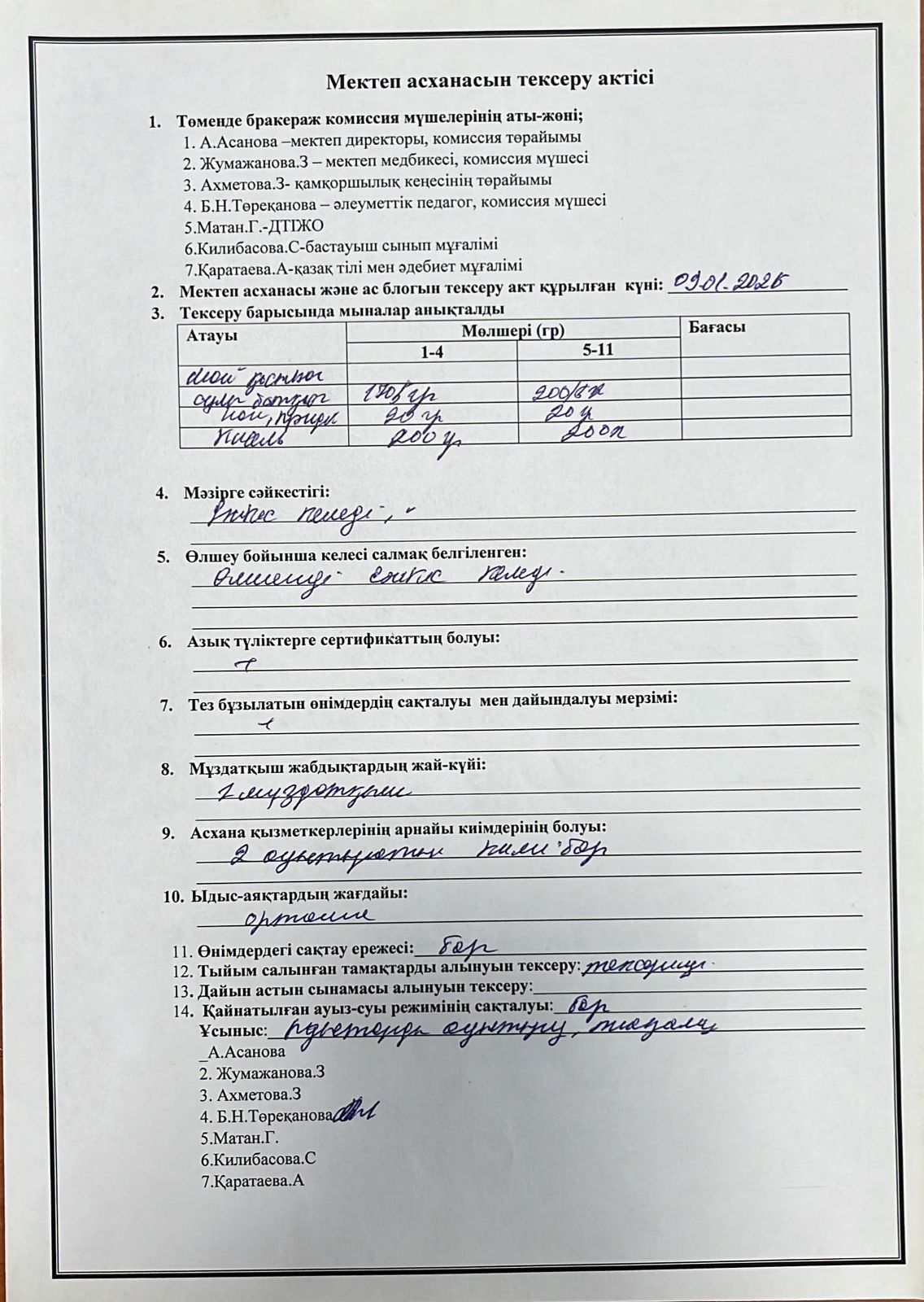 АКТ мектеп асханасын тексеру туралы