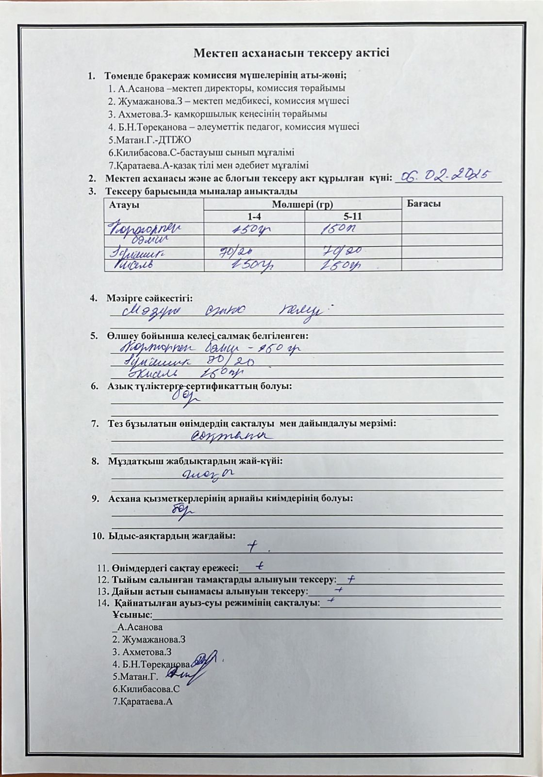 АКТ мектеп асханасын тексеру туралы